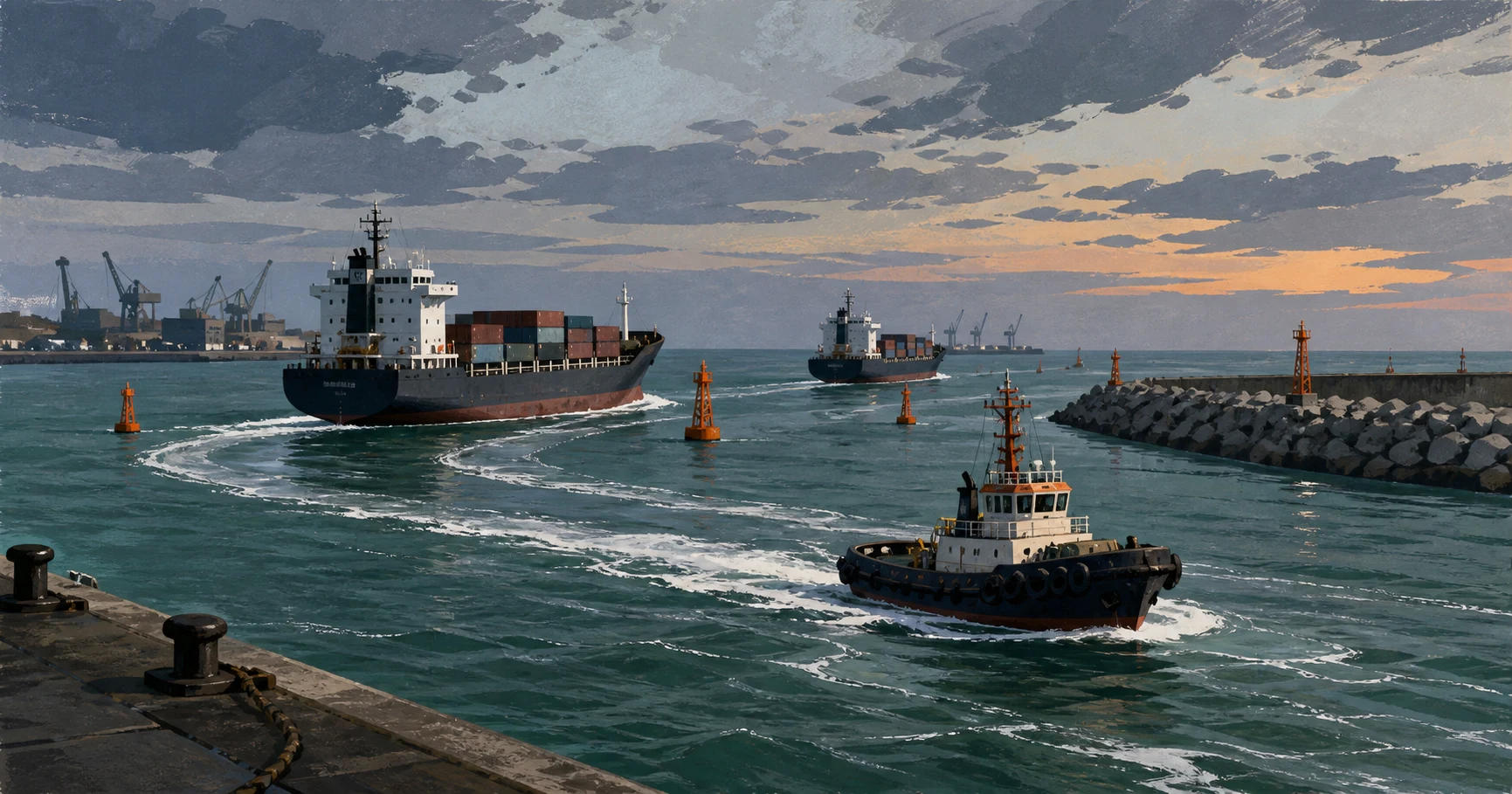 AI-generated commercial illustration of container vessels and a tugboat rerouting at a harbor entrance