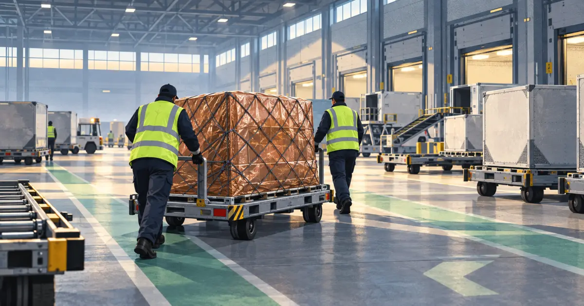AI-generated commercial illustration of an unbranded airport cargo hub pallet transfer