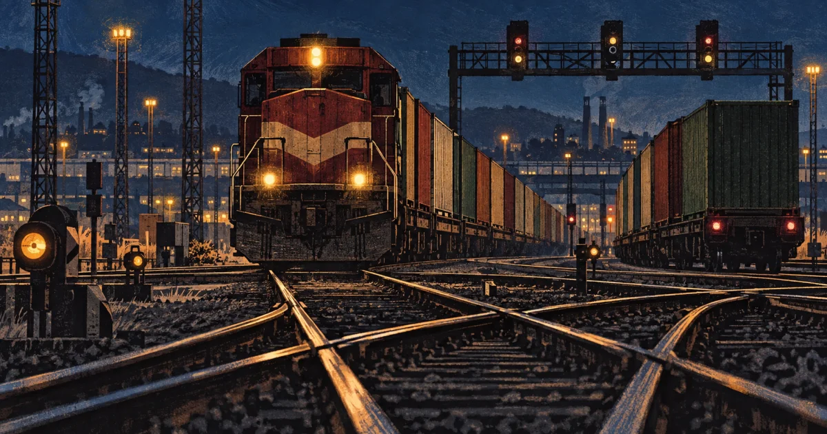 夜色中货运列车驶过多轨铁路道岔的版画风格插画